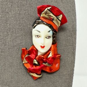 Vintage Art Deco Lady Face Brooch Lea Stein Style Red Black Hat Plastic Figural